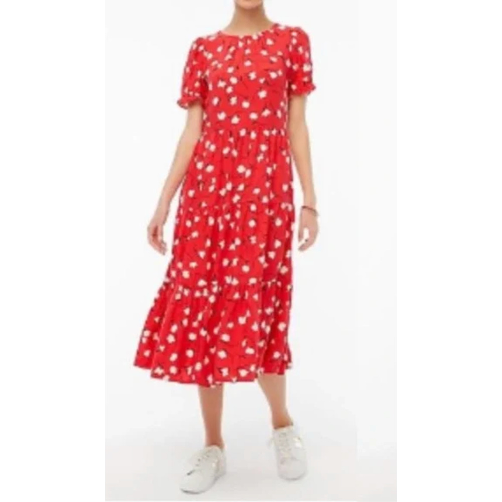 J. Crew Floral Puff-Sleeve Tiered Midi Dress Red BF865 Size L - Picture 1 of 14